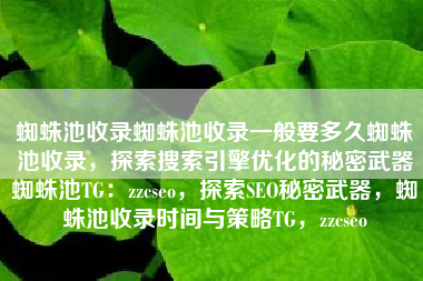 蜘蛛池收录蜘蛛池收录一般要多久蜘蛛池收录，探索搜索引擎优化的秘密武器蜘蛛池TG：zzcseo，探索SEO秘密武器，蜘蛛池收录时间与策略TG，zzcseo