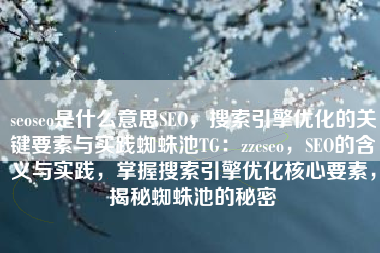 seoseo是什么意思SEO，搜索引擎优化的关键要素与实践蜘蛛池TG：zzcseo，SEO的含义与实践，掌握搜索引擎优化核心要素，揭秘蜘蛛池的秘密