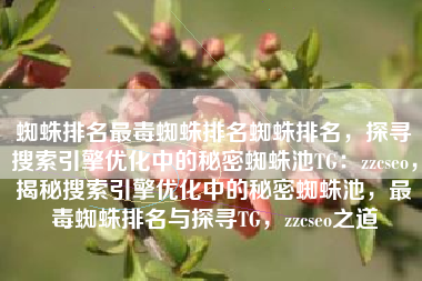 蜘蛛排名最毒蜘蛛排名蜘蛛排名，探寻搜索引擎优化中的秘密蜘蛛池TG：zzcseo，揭秘搜索引擎优化中的秘密蜘蛛池，最毒蜘蛛排名与探寻TG，zzcseo之道